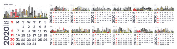 2020月日历与城市天际线。图片下载