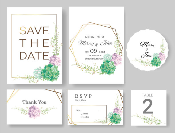 婚礼邀请卡套装，包含日期卡、感谢卡、回复卡，花卉树叶、金色边框、水彩风格印刷矢量素材图片下载