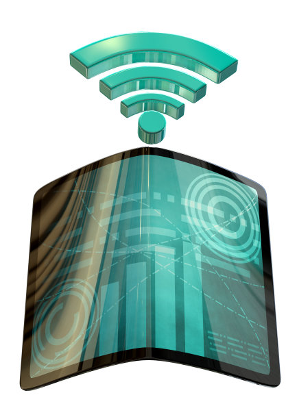 工业4.0，未来派的平板电脑，灵活的屏幕，机器人活动无线监控软件。三维渲染图片下载