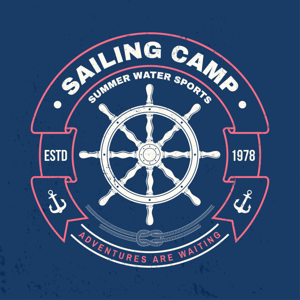 帆船营徽章。向量。概念衬衫，印花，邮票或t恤。复古排版设计与黑色海锚，舵轮船和绳结剪影。海洋冒险。图片下载