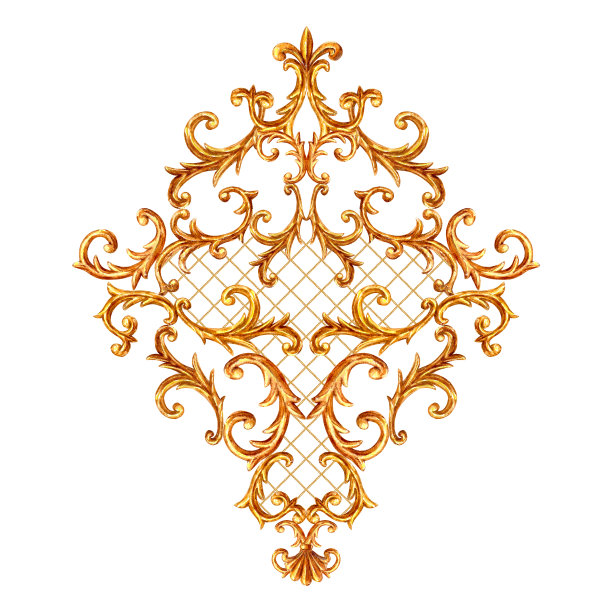 巴洛克风格的黄金元素。水彩手绘复古雕刻花卷金银丝菱形设计。图片下载
