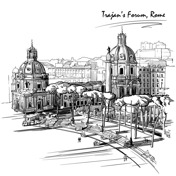 图拉真皇帝广场，罗马，意大利。雕刻风格的素描。复古设计。图片下载