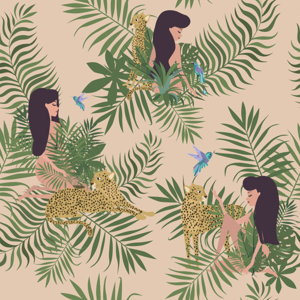 热带植物、女人和豹子的热带无缝图案。图片下载