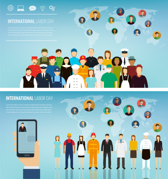 两个横幅上写着不同职业的人。行业图标集。平面设计。向量图片下载