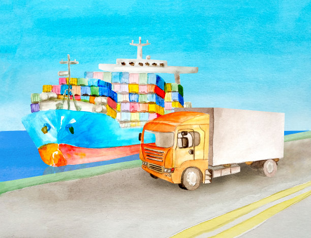 水彩集装箱船和卡车站附近的码头为插图在物流主题。货物运输的概念图片下载