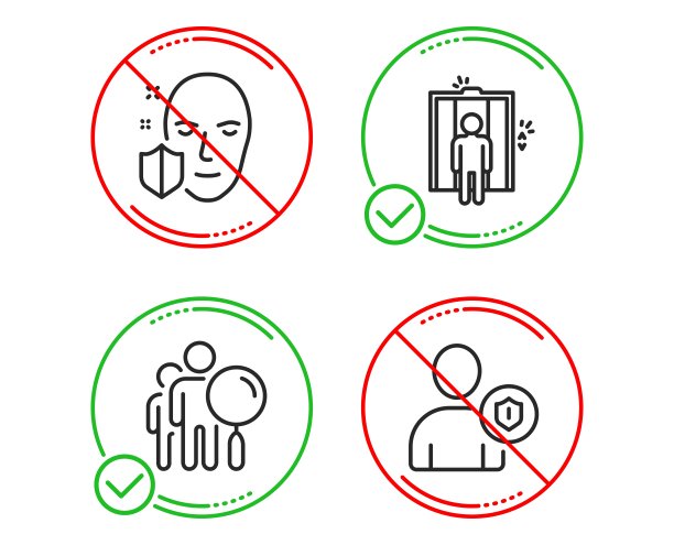 搜索人，电梯和面部保护图标设置。安全标志。找到员工，升降机，安全进入。向量图片下载
