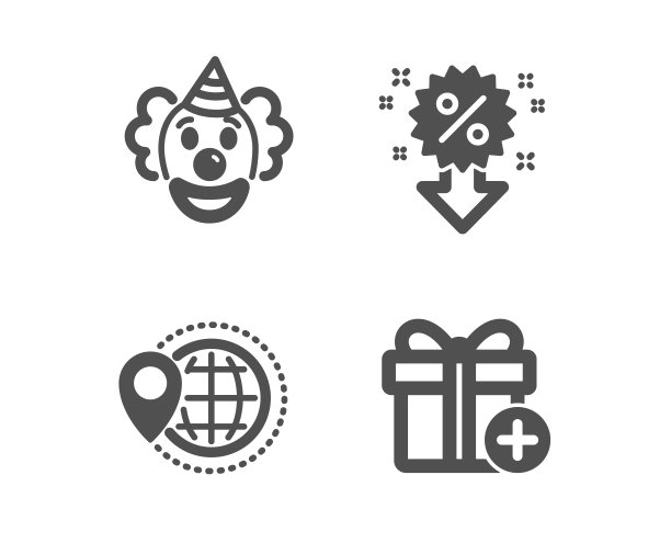 小丑，世界旅行和折扣图标。添加签名的礼物。有趣的表演，地图指针，销售购物。向量图片下载