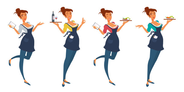 可爱的年轻女服务员穿着制服拿着一盘食物，记事本，微笑着，指着手。图片下载