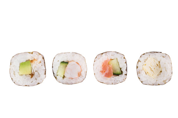 寿司卷孤立在白色背景上。收集。特写美味的日本食物和寿司卷。图片下载