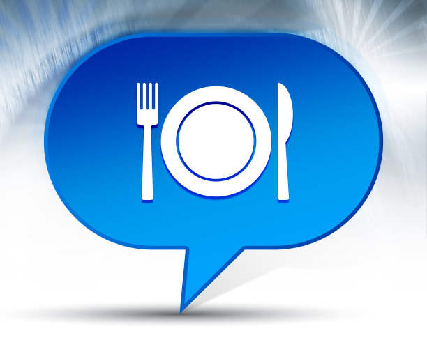 盘子与叉和刀图标蓝色气泡背景图片下载