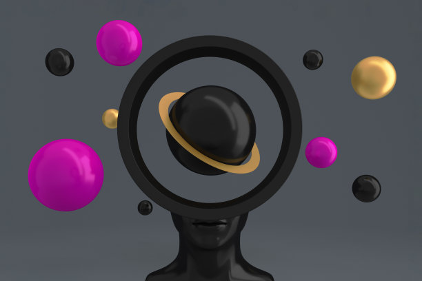 一种女性的头部，有一个圆柱形的孔，里面装满了假行星和飞行的球体。三维演示图片下载