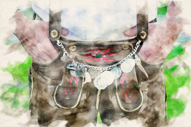 特写的男人穿着传统的巴伐利亚皮裤在水彩画图片下载