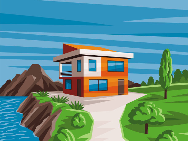 矢量插图，房子景观。背景自然，海，山，森林。图片下载