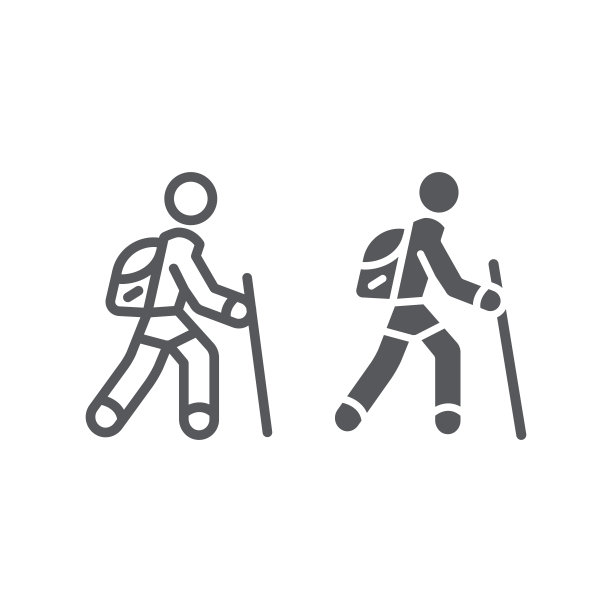 旅游线和字形图标，旅游和远足，徒步者标志，矢量图形，白色背景上的线性模式。图片下载