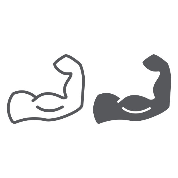 肌肉线条和字形图标，力量和健美，肌肉手臂符号，矢量图形，白色背景上的线性图案。图片下载