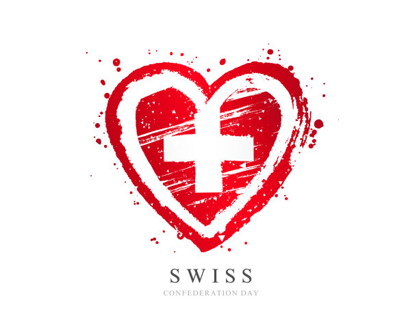 瑞士国旗的形状是一个大的心。矢量插图上的白色背景。图片下载