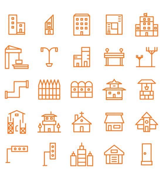 一套建筑和房地产城市颜色平面线矢量插图图标或符号图片下载