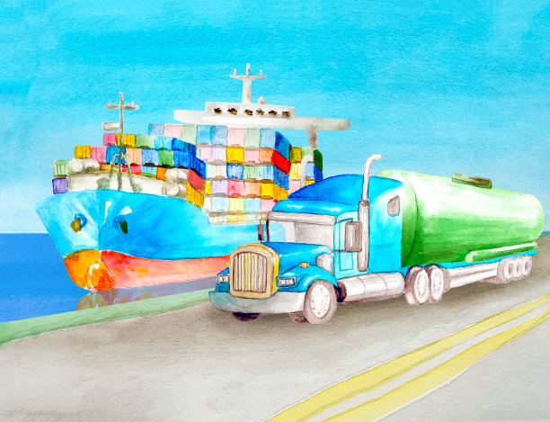 一艘集装箱船漂浮在海岸附近的水面上，一辆绿色半挂车油罐车在上面行驶。为了说明物流的可能性在水彩风格图片下载