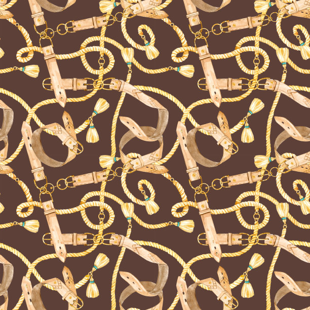 水彩无缝图案与金链，皮带和皮革绳在颜色的背景图片下载