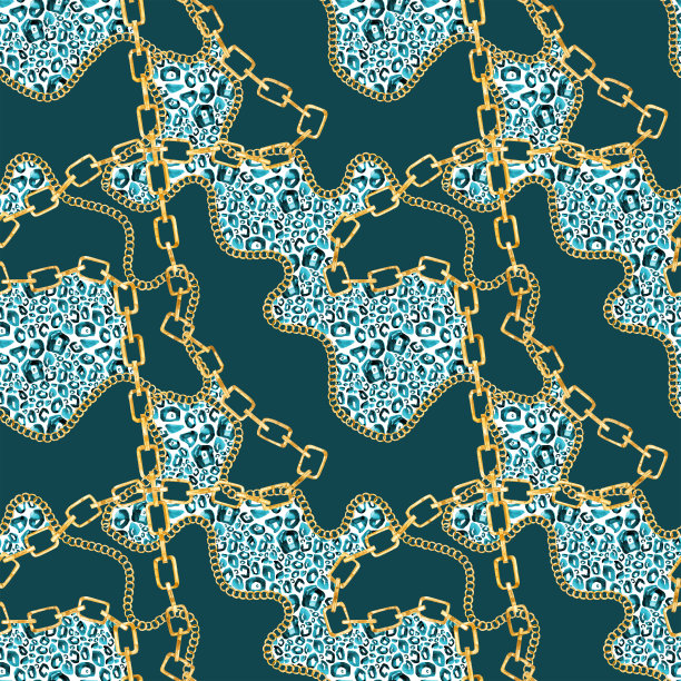 无缝图案金链和动物印花，时尚插画水彩风格图片下载