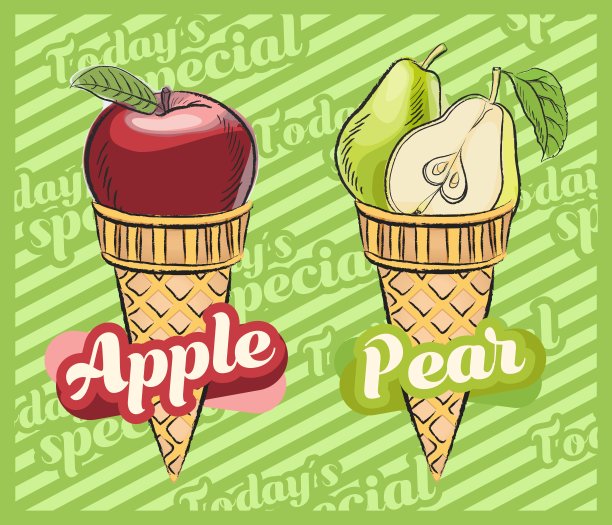 苹果冰淇淋。梨冰淇淋。水果冰淇淋蛋筒矢量插画，手绘设计图片下载