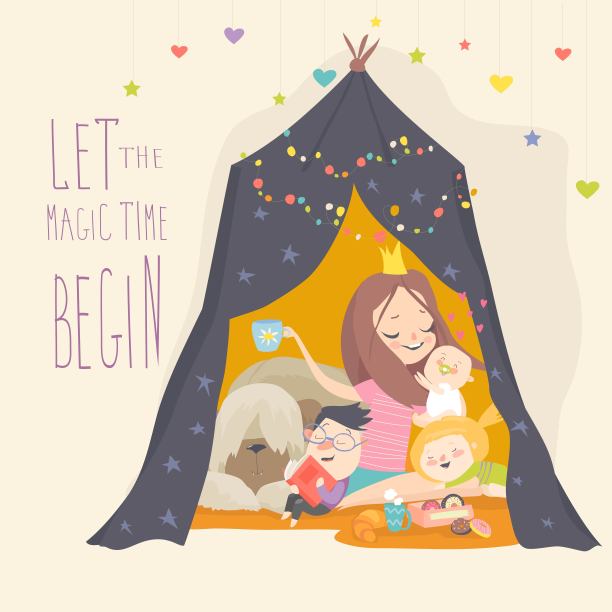 妈妈和她的孩子们在帐篷里玩图片下载