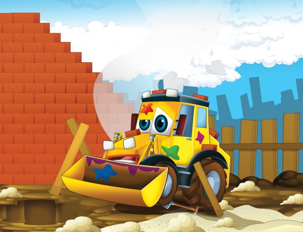 卡通挖掘机在施工现场忙碌图片下载