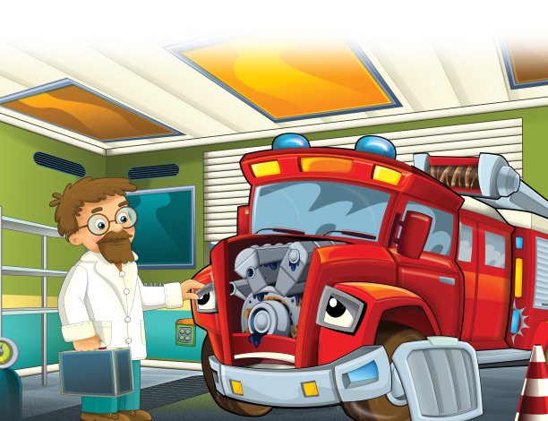 车库中红色消防车的卡通场景图片下载