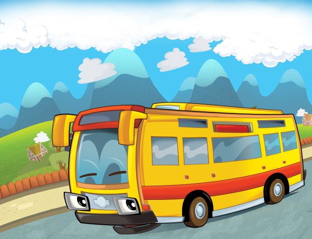 卡通滑稽的公共汽车行驶在城市图片下载