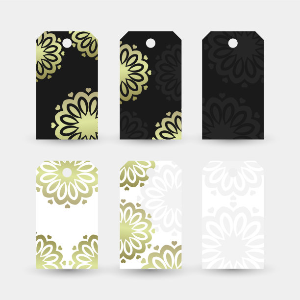 青铜花卉图案。标签收集与装饰在白色和黑色的背景。图片下载