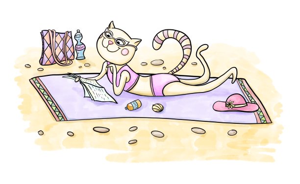 可爱的卡通日光浴小猫休息在海滩上图片下载