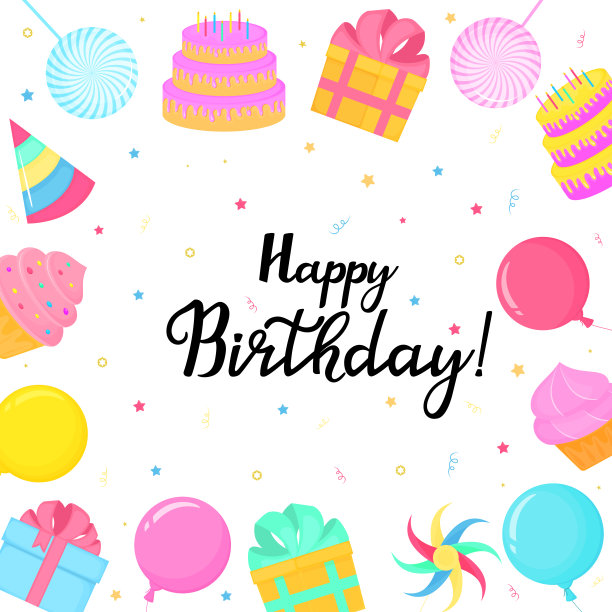 生日贺卡，礼物，蛋糕，气球，派图片下载