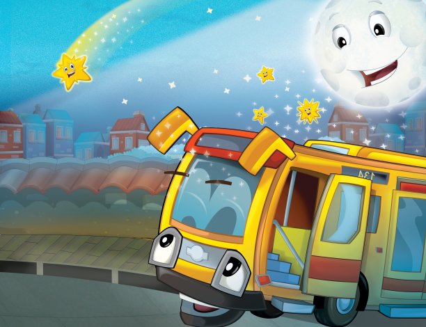 卡通滑稽的公共汽车行驶在城市图片下载