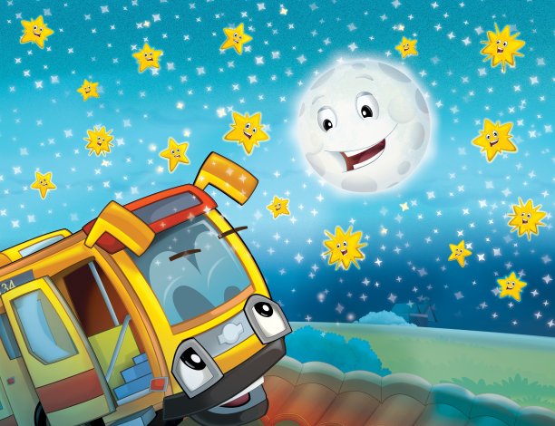 卡通滑稽的公共汽车行驶在城市图片下载