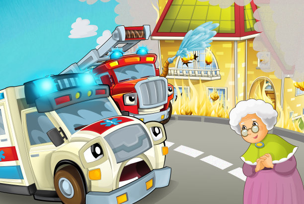 卡通场景中，在城市中有救护车驾驶着穿过城市去救火，事故中有消防队帮助人们图片下载