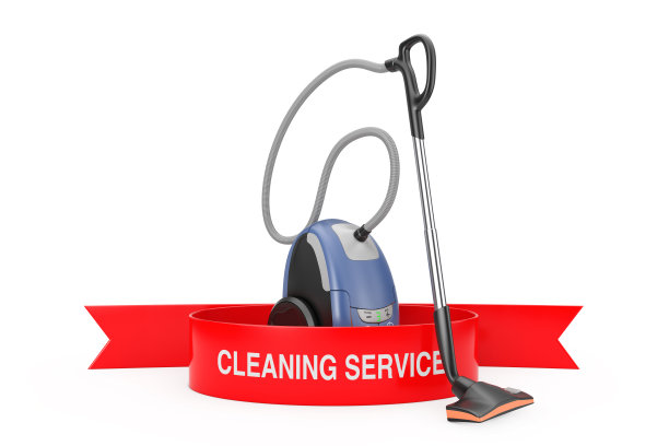 现代吸尘器与红丝带清洁服务标志。3d渲染图片下载