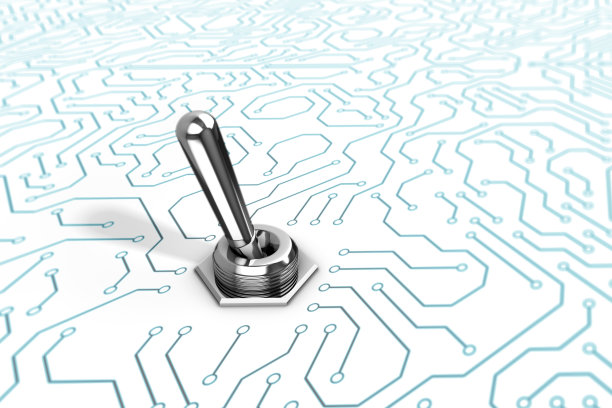 3D插图Chrome切换开关上的蓝色电路板背景图片下载