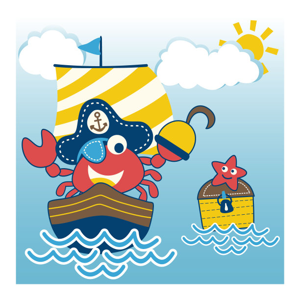 蟹的卡通，可爱的海盗在帆船上图片下载