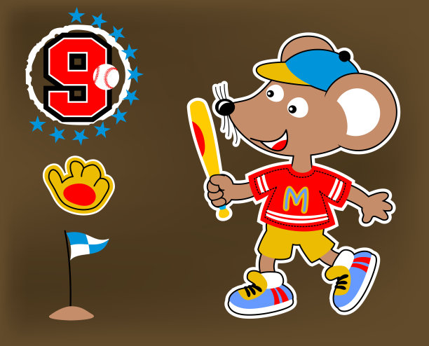 鼠标鼠标棒球运动员，矢量卡通插图图片下载