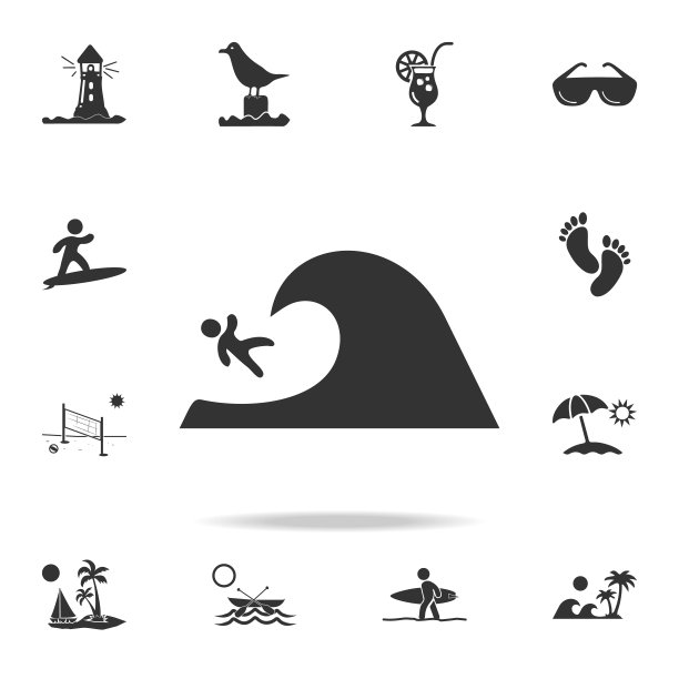 冲浪者从波浪图标上跌落。海滩假日图标的详细设置。优质的平面设计。收藏图标之一的网站，网页设计，移动应用程序图片下载