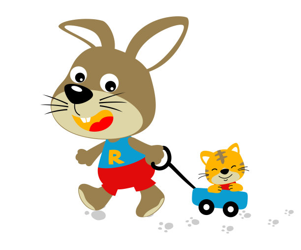 动物玩耍时间，小兔子和小老虎，矢量卡通插画图片下载