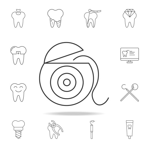 牙线图标。详细的一套牙科轮廓线图标。优质的图形设计图标。收藏图标之一的网站，网页设计，移动应用程序图片下载