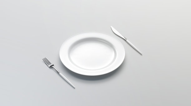 空白白色盘子模型与叉和刀，侧面视图图片下载