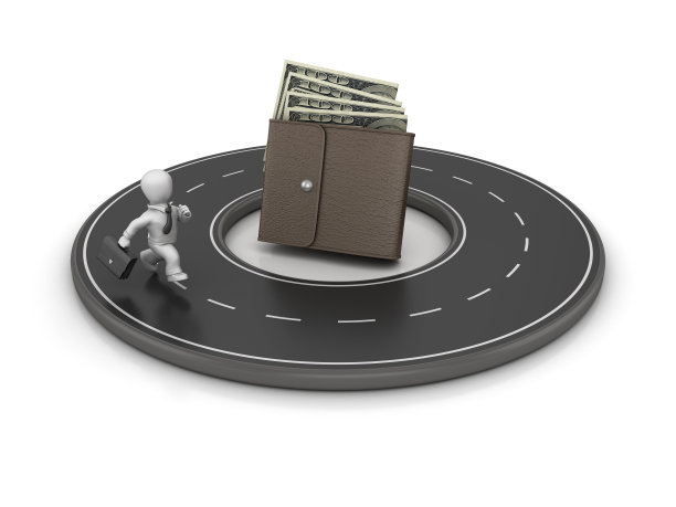 钱包与美元钞票和商业人物运行在圆形道路上-白色背景- 3D渲染图片下载