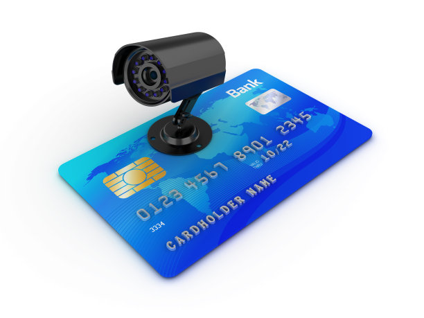 信用卡与安全摄像头- 3D渲染图片下载