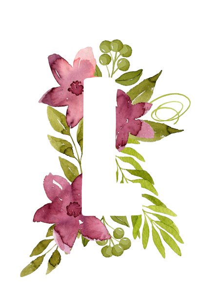 字母L与水彩花和叶图片下载