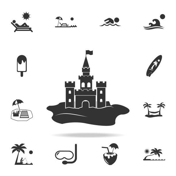 沙堡图标。海滩假日图标的详细设置。优质的平面设计。收藏图标之一的网站，网页设计，移动应用程序图片下载