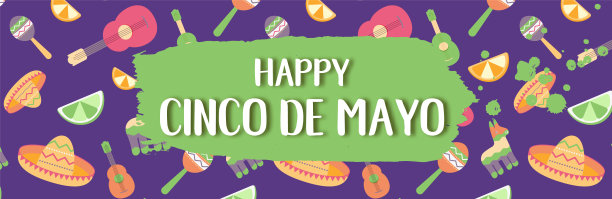 五月五日节墨西哥节日横幅。水平卡片的墨西哥文化符号收集:沙球，皮纳塔，墨西哥辣椒，水果，宽边帽，仙人掌，吉他。五月五日节网页标题。图片下载
