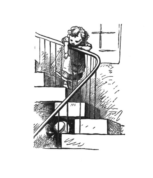 古董儿童图画书插图-小女孩倚在楼梯栏杆上向下看图片下载