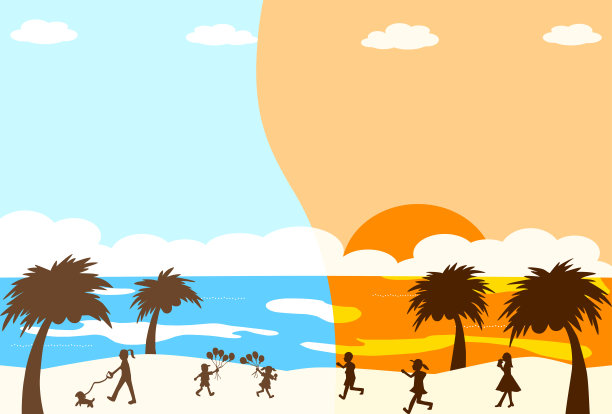 海滩风景与棕榈树矢量背景图片下载